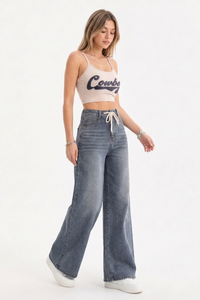 Women's High-Waisted Drawstring Waist Wide-Leg Jeans