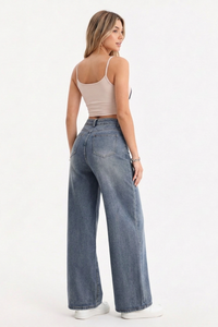 Women's High-Waisted Drawstring Waist Wide-Leg Jeans