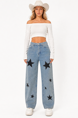 Women's Fall Color Block  Star Print Straight-Leg Jeans