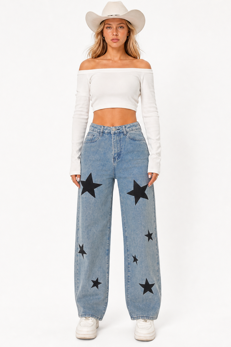 Women's Fall Color Block  Star Print Straight-Leg Jeans
