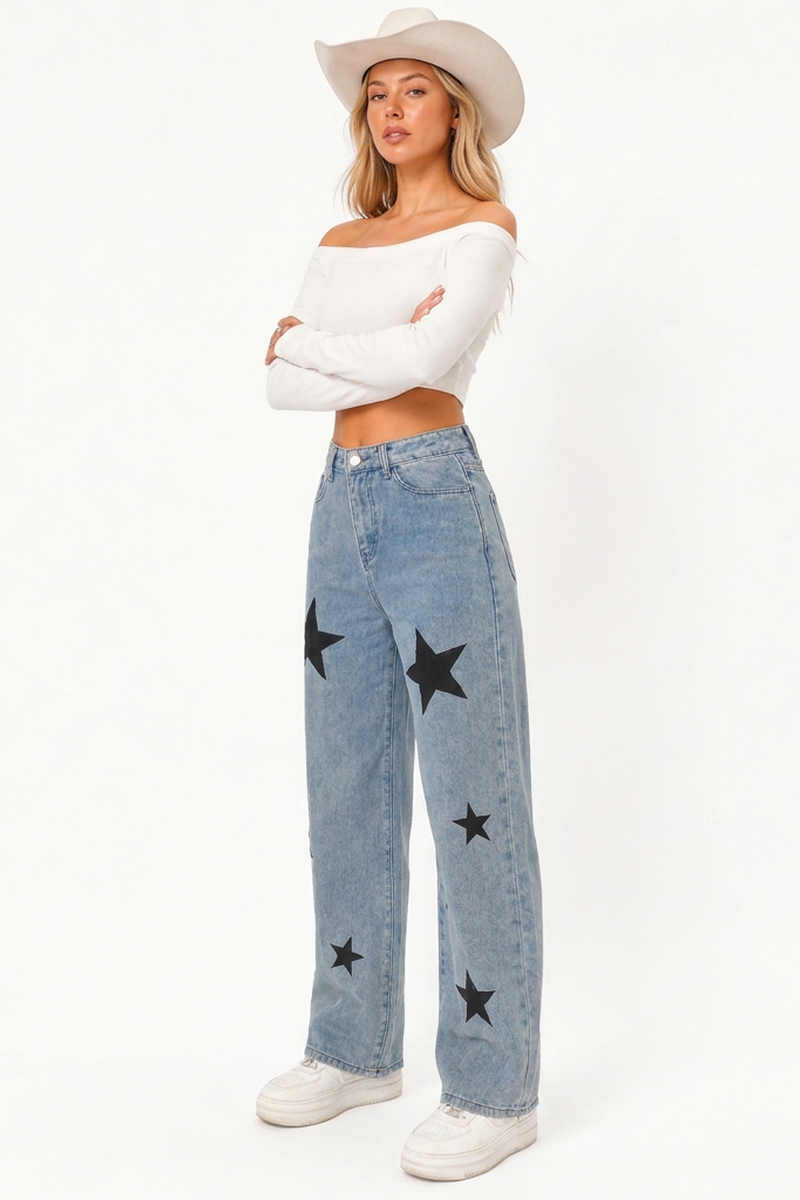 Women's Fall Color Block  Star Print Straight-Leg Jeans