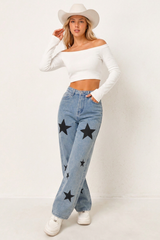 Women's Fall Color Block  Star Print Straight-Leg Jeans