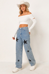 Women's Fall Color Block  Star Print Straight-Leg Jeans
