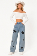 Women's Fall Color Block  Star Print Straight-Leg Jeans