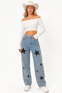 Women's Fall Color Block  Star Print Straight-Leg Jeans