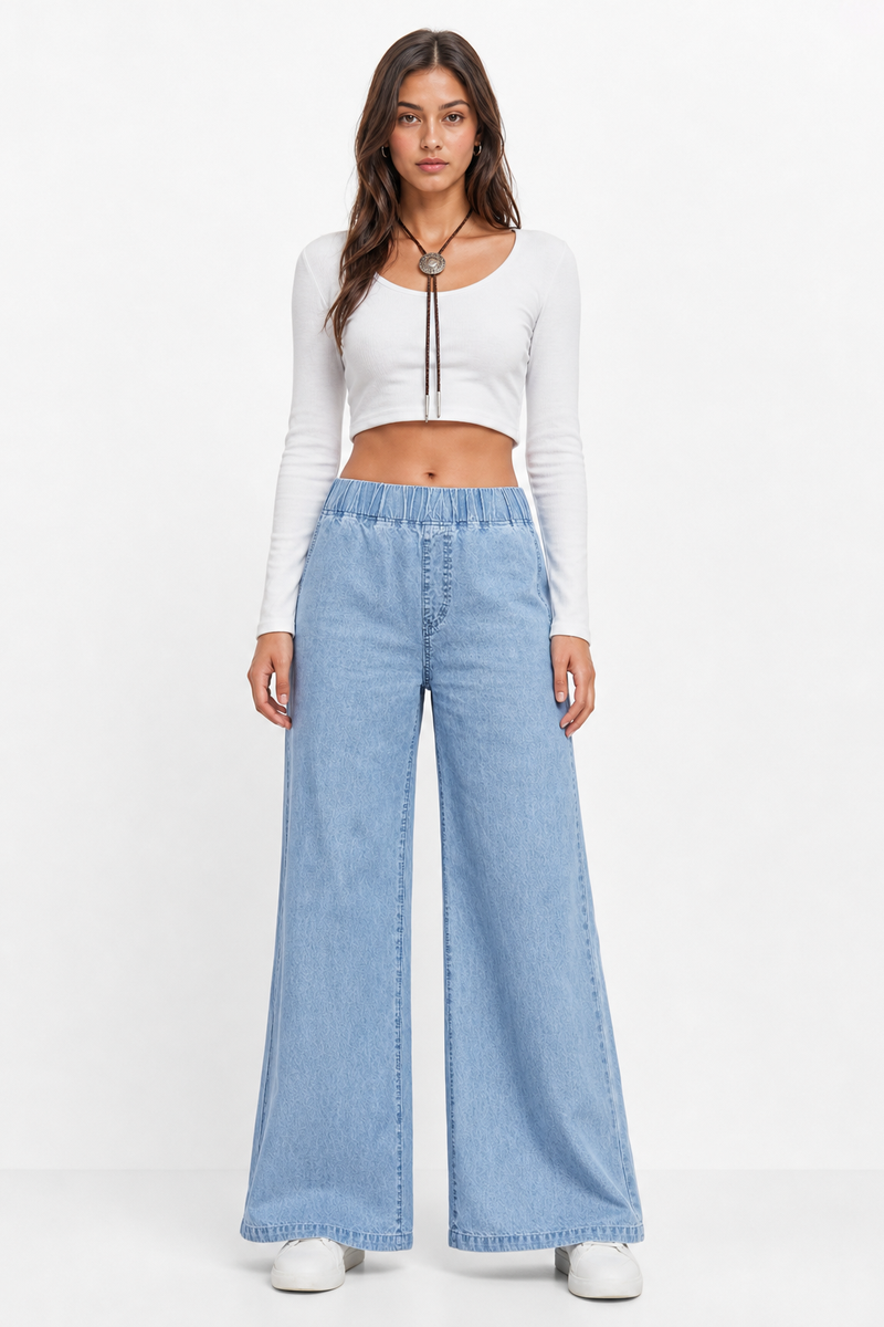 Women's Fall Elastic Waist Casual Wide-Leg Jeans
