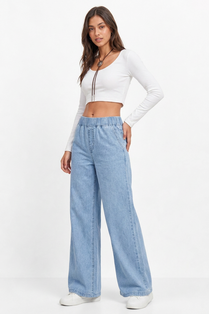 Women's Fall Elastic Waist Casual Wide-Leg Jeans