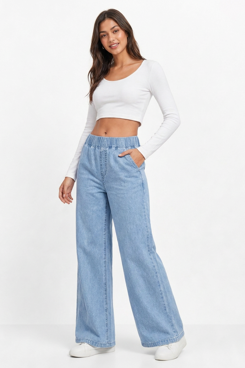 Women's Fall Elastic Waist Casual Wide-Leg Jeans