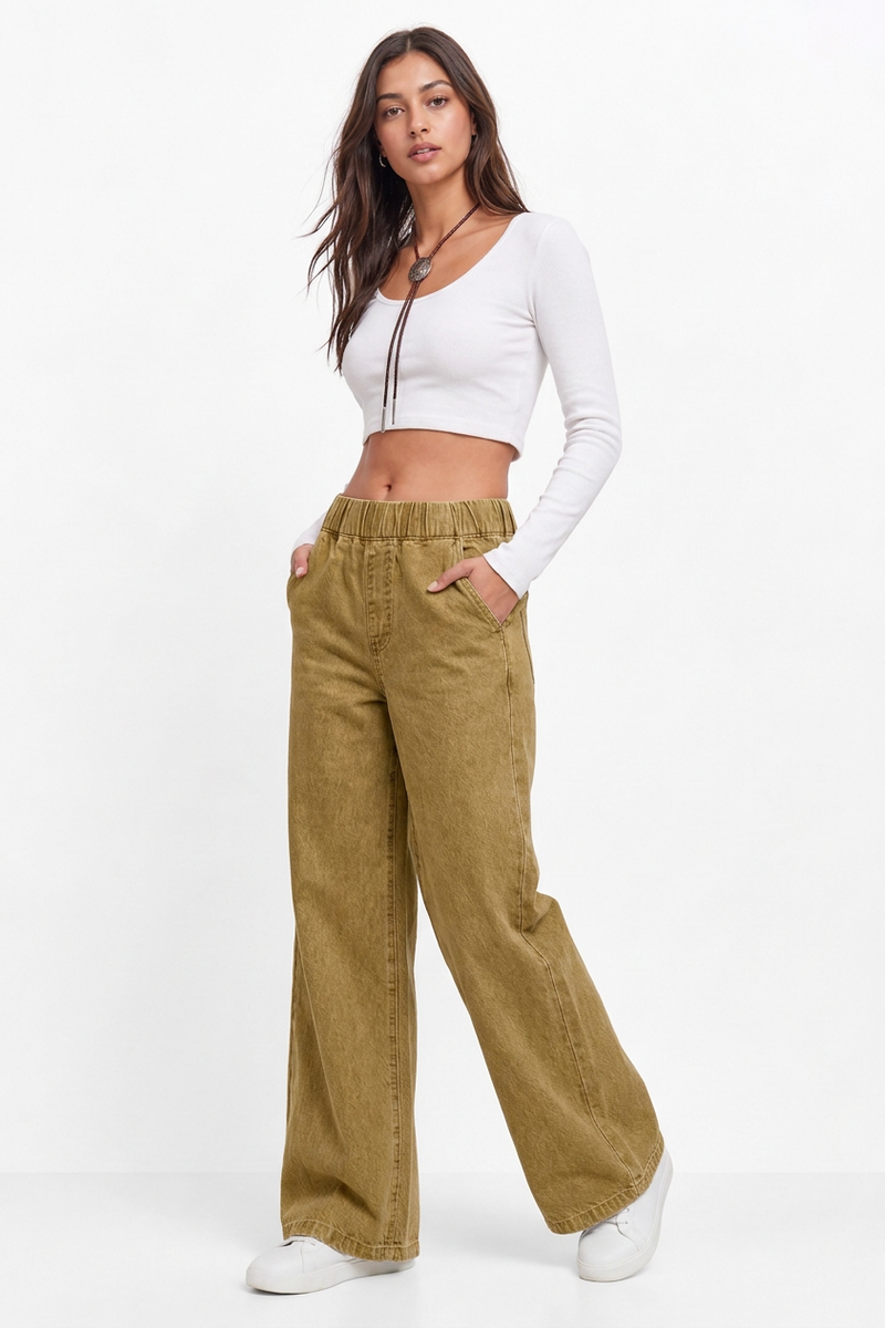 Women's Fall Elastic Waist Casual Wide-Leg Jeans