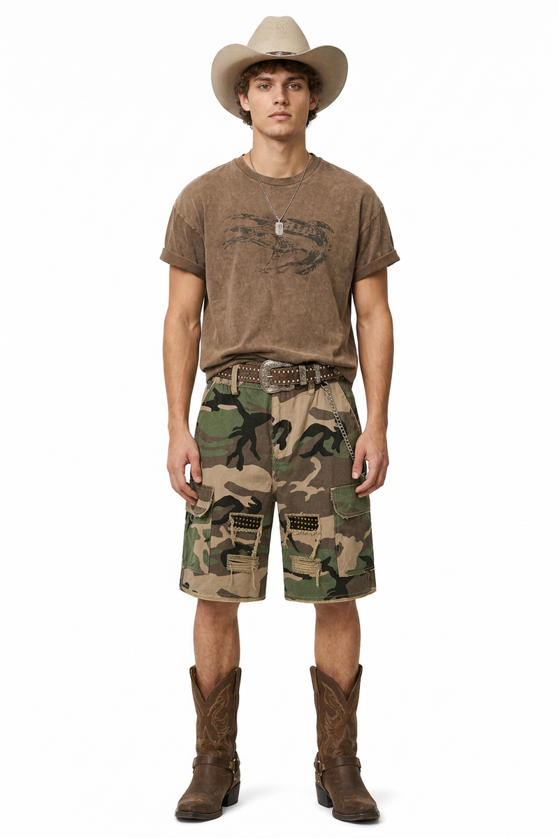 Men's 100% Cotton Camo Loose Fit Cargo Denim Shorts