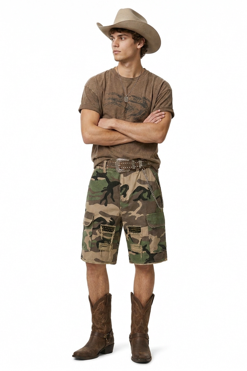 Men's 100% Cotton Camo Loose Fit Cargo Denim Shorts
