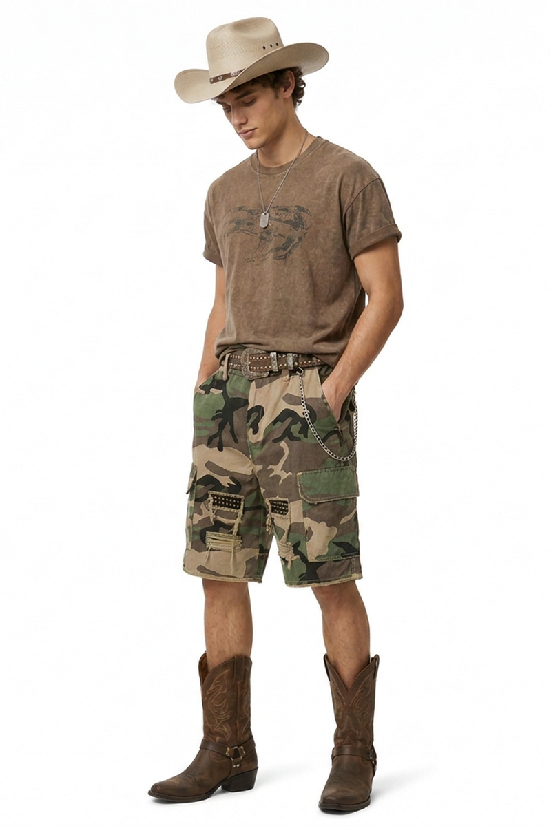 Men's 100% Cotton Camo Loose Fit Cargo Denim Shorts