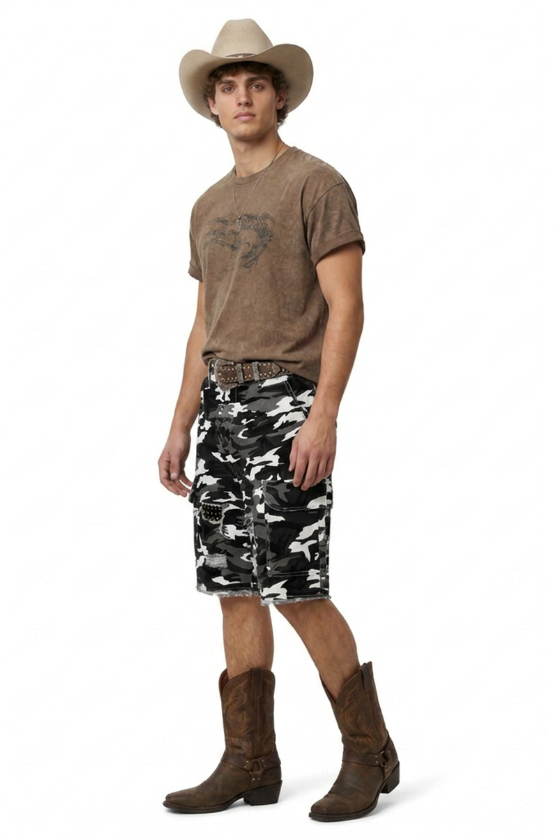 Men's 100% Cotton Camo Loose Fit Cargo Denim Shorts
