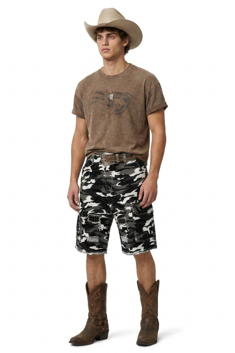 Men's 100% Cotton Camo Loose Fit Cargo Denim Shorts