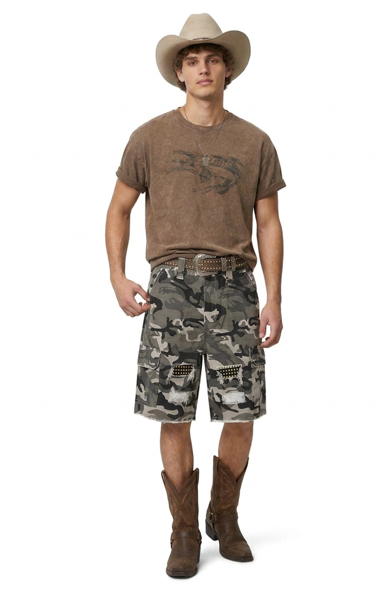 Men's 100% Cotton Camo Loose Fit Cargo Denim Shorts