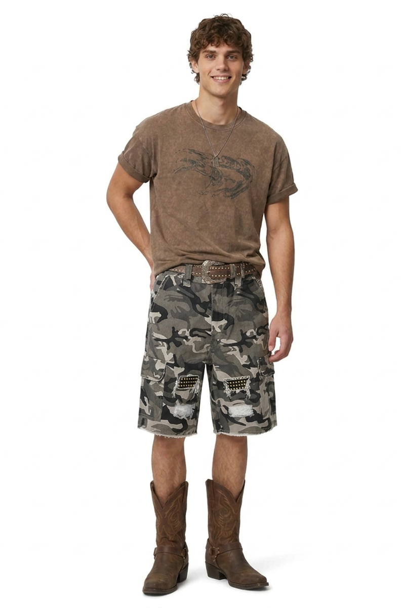 Men's 100% Cotton Camo Loose Fit Cargo Denim Shorts