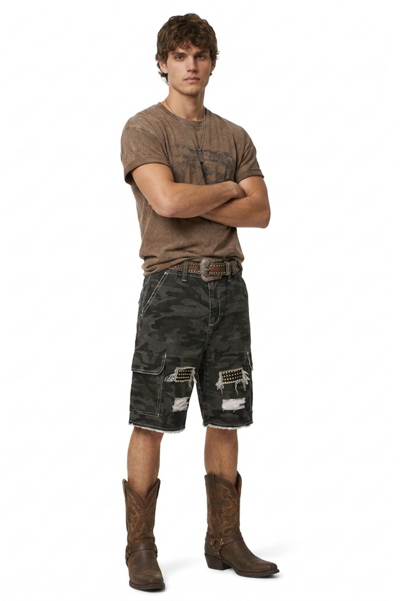 Men's 100% Cotton Camo Loose Fit Cargo Denim Shorts