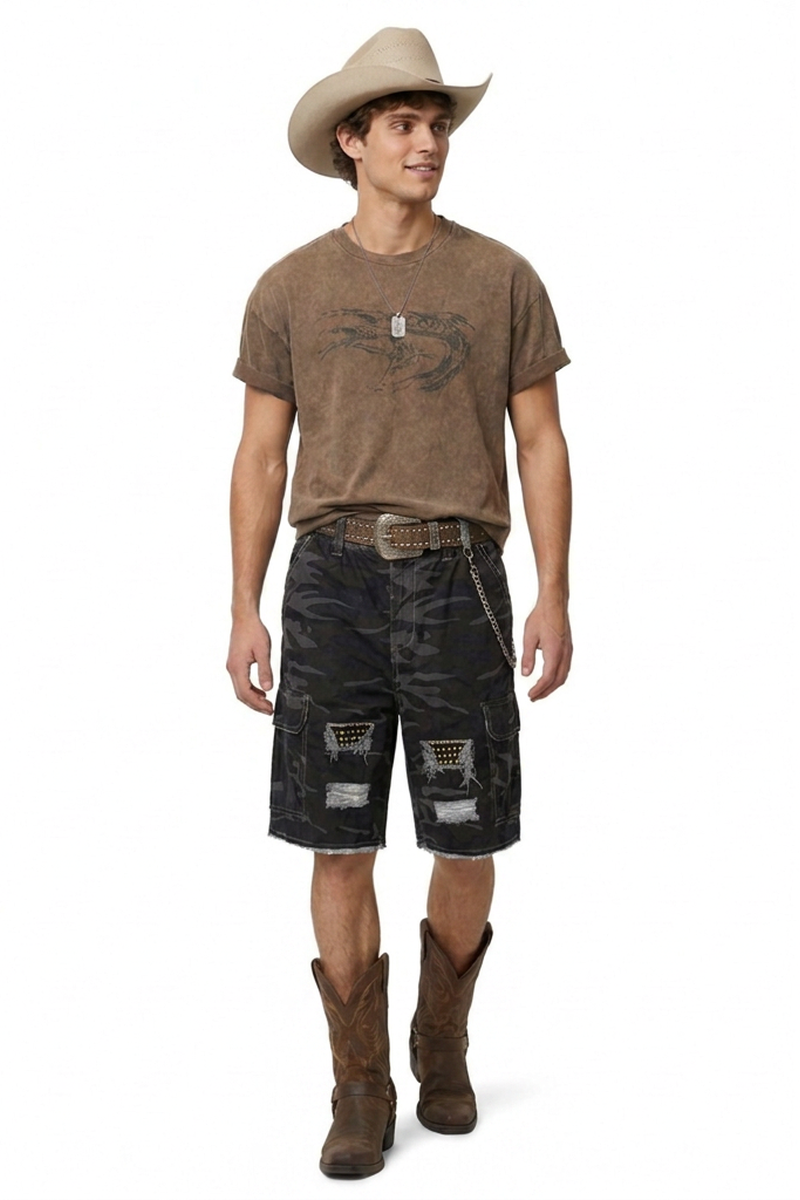 Men's 100% Cotton Camo Loose Fit Cargo Denim Shorts