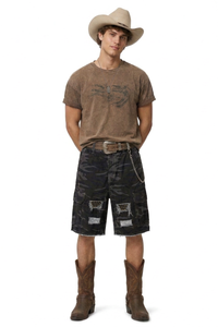 Men's 100% Cotton Camo Loose Fit Cargo Denim Shorts