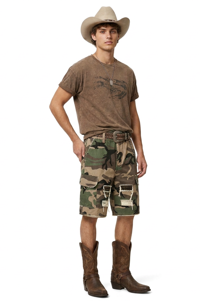 Men's 100% Cotton Camo Loose Fit Cargo Denim Shorts