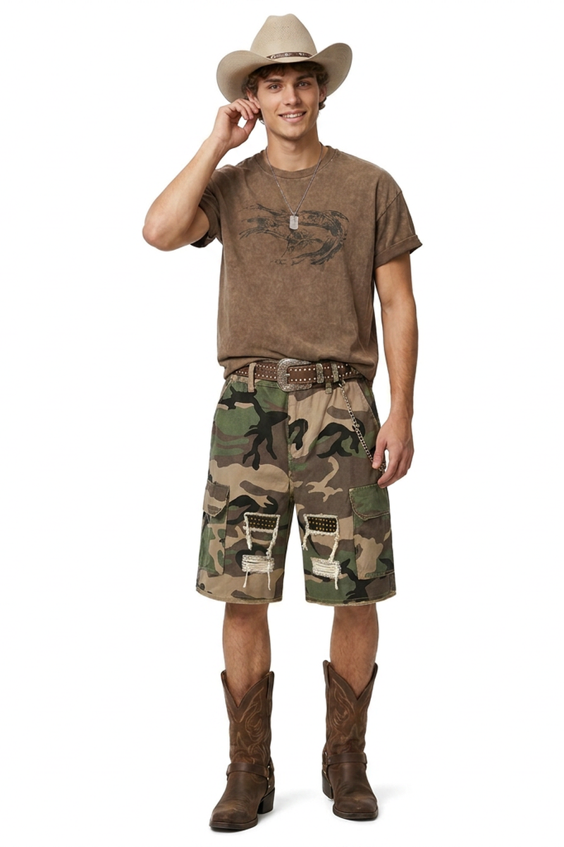 Men's 100% Cotton Camo Loose Fit Cargo Denim Shorts