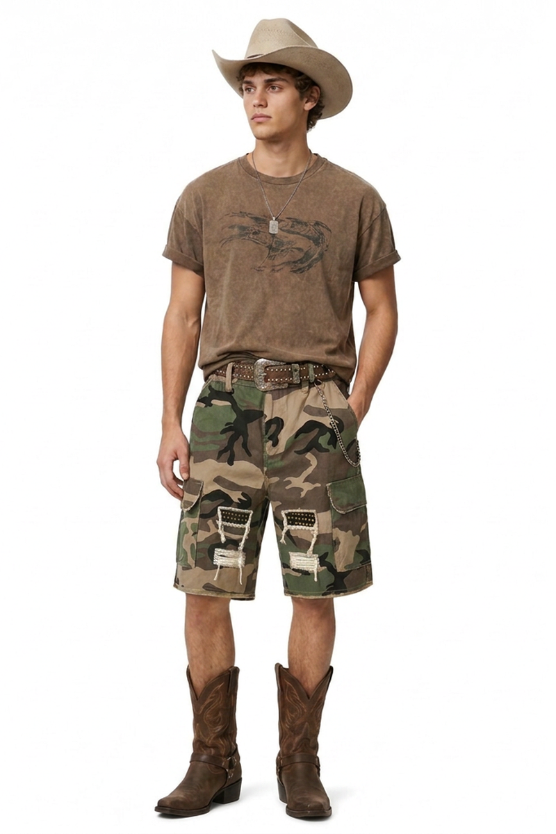 Men's 100% Cotton Camo Loose Fit Cargo Denim Shorts