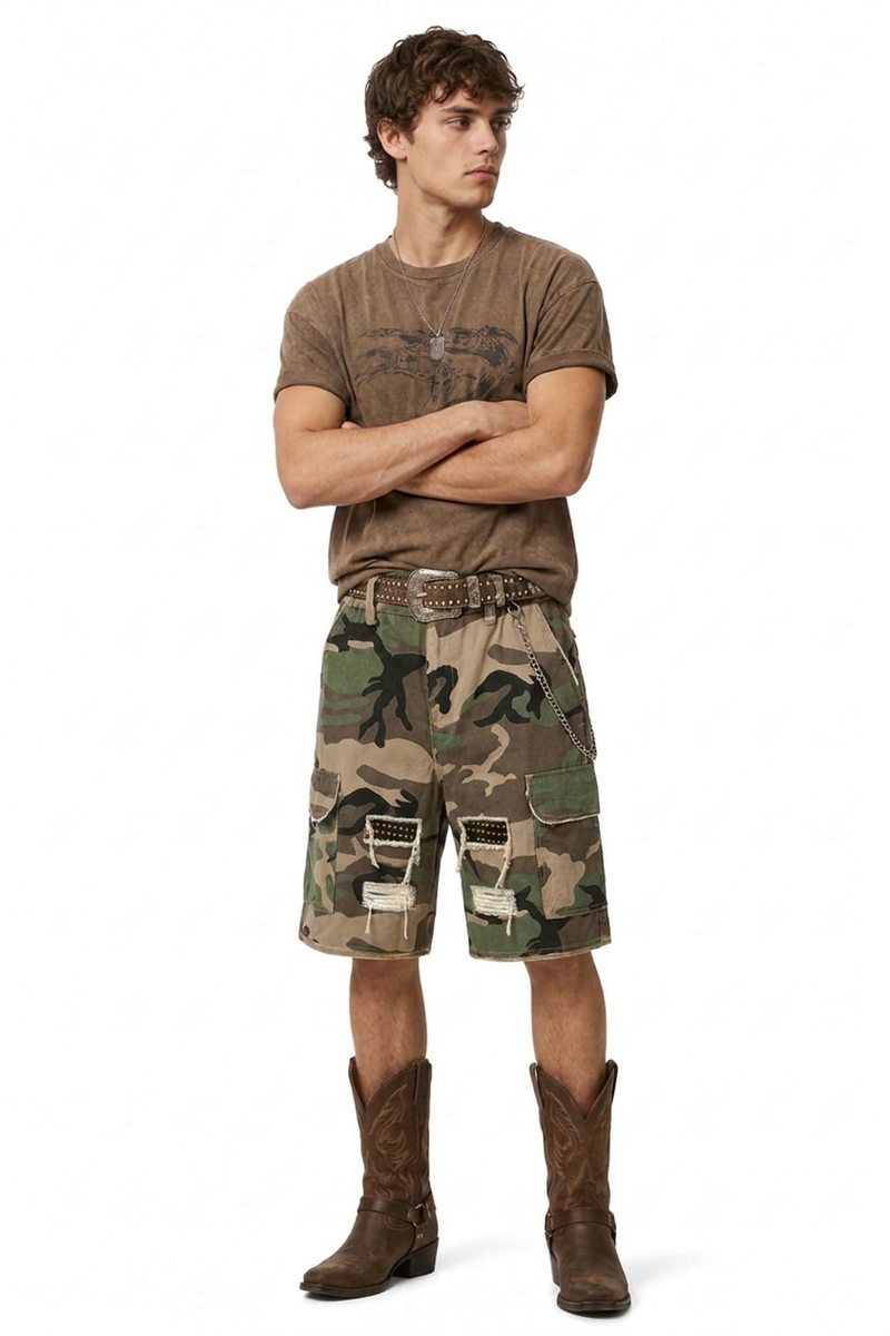 Men's 100% Cotton Camo Loose Fit Cargo Denim Shorts