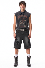 Men's Vintage Washed Cross Patch Straight Fit Denim Shorts