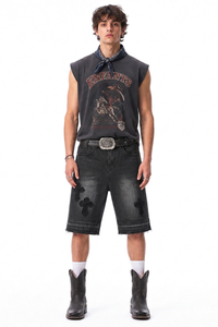 Men's Vintage Washed Cross Patch Straight Fit Denim Shorts