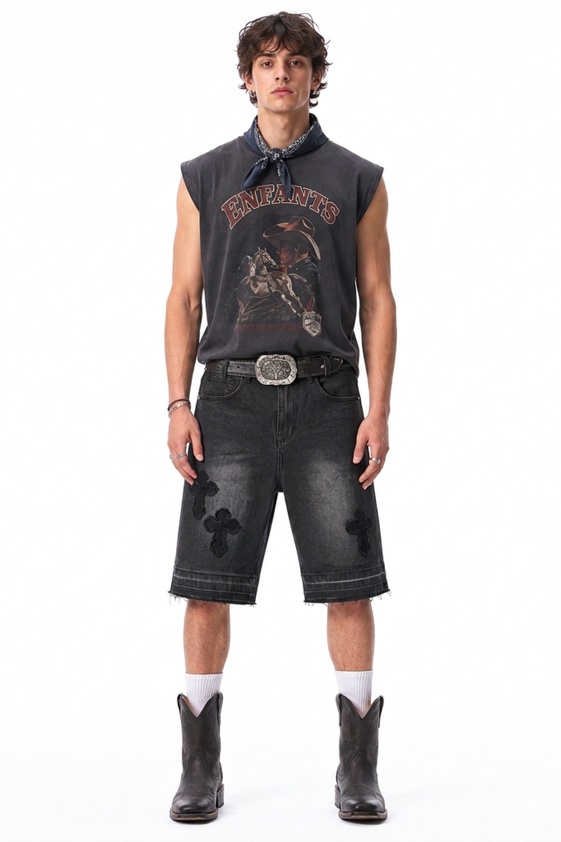 Men's Vintage Washed Cross Patch Straight Fit Denim Shorts