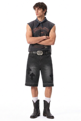 Men's Vintage Washed Cross Patch Straight Fit Denim Shorts