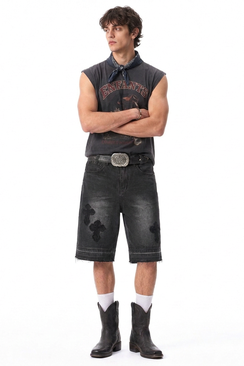 Men's Vintage Washed Cross Patch Straight Fit Denim Shorts