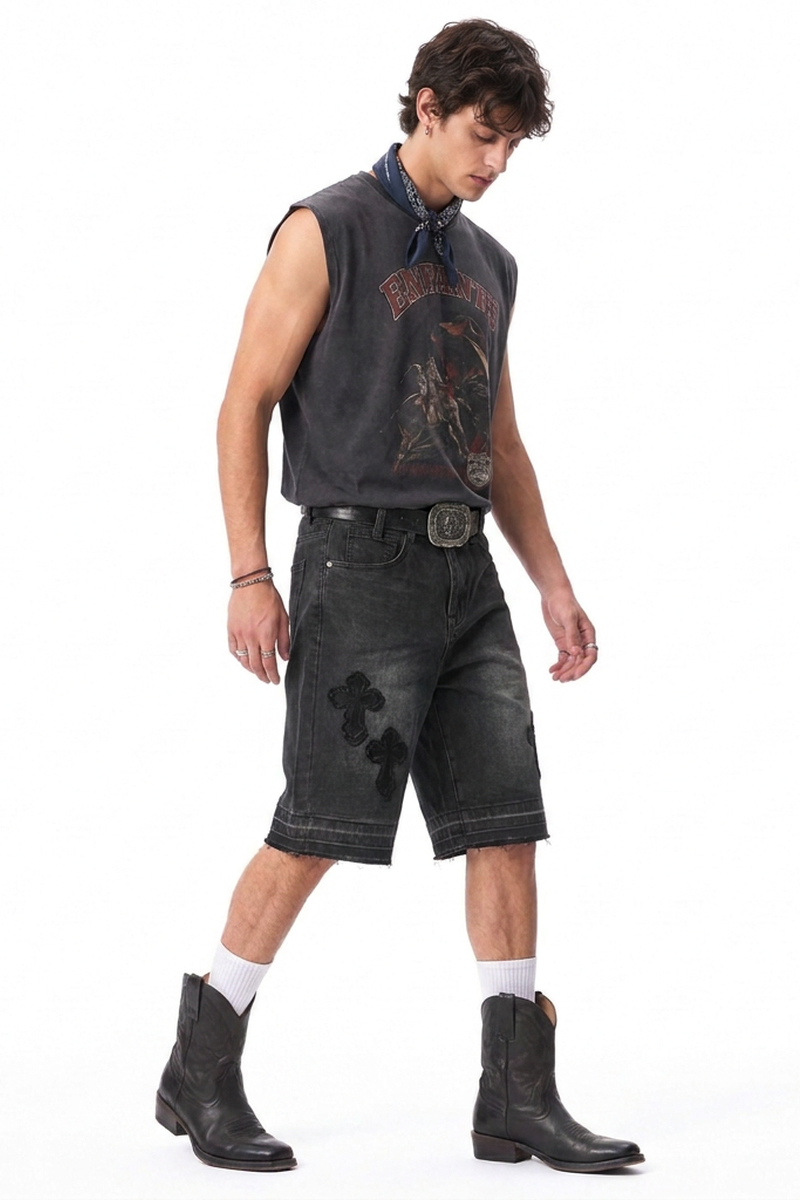 Men's Vintage Washed Cross Patch Straight Fit Denim Shorts
