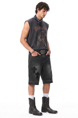 Men's Vintage Washed Cross Patch Straight Fit Denim Shorts