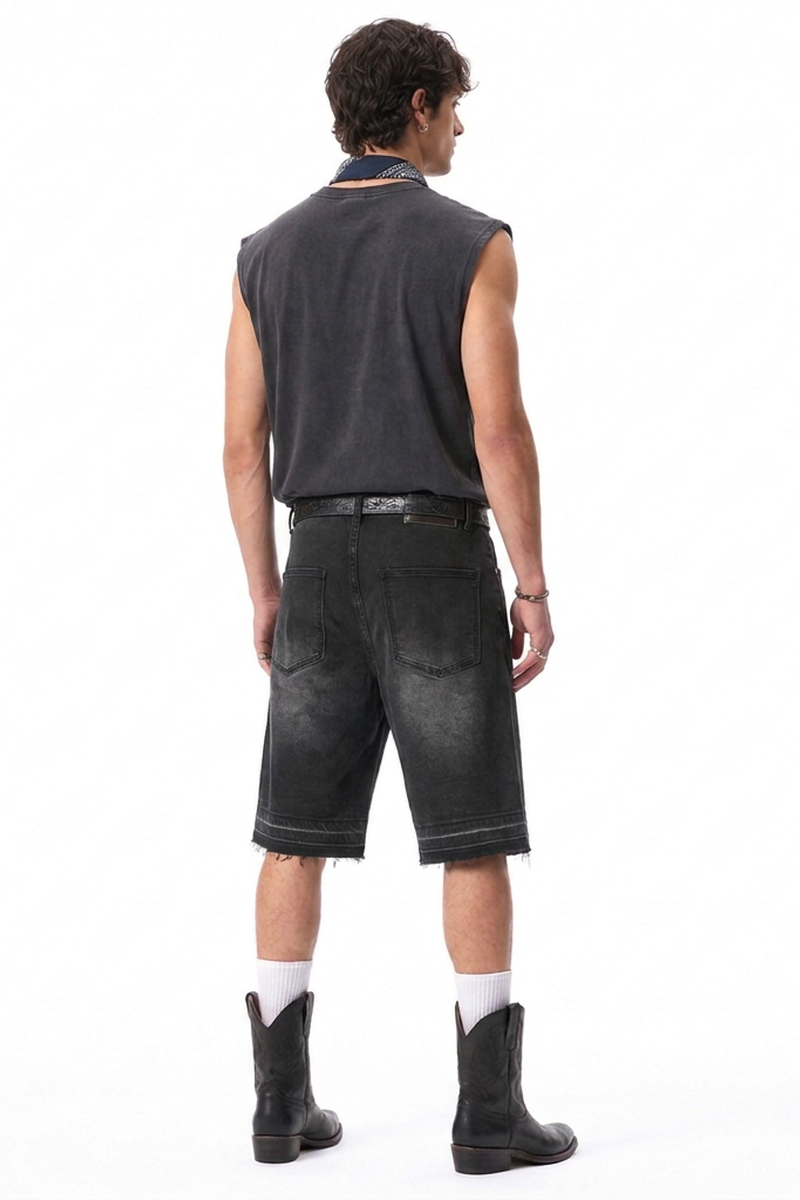 Men's Vintage Washed Cross Patch Straight Fit Denim Shorts
