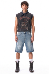 Men's Vintage Washed Cross Patch Straight Fit Denim Shorts