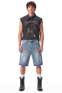 Men's Vintage Washed Cross Patch Straight Fit Denim Shorts