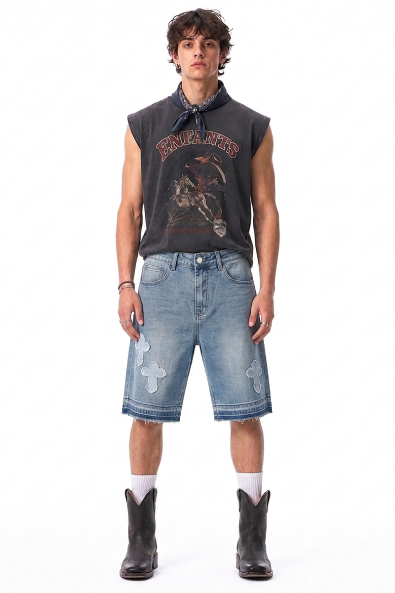 Men's Vintage Washed Cross Patch Straight Fit Denim Shorts
