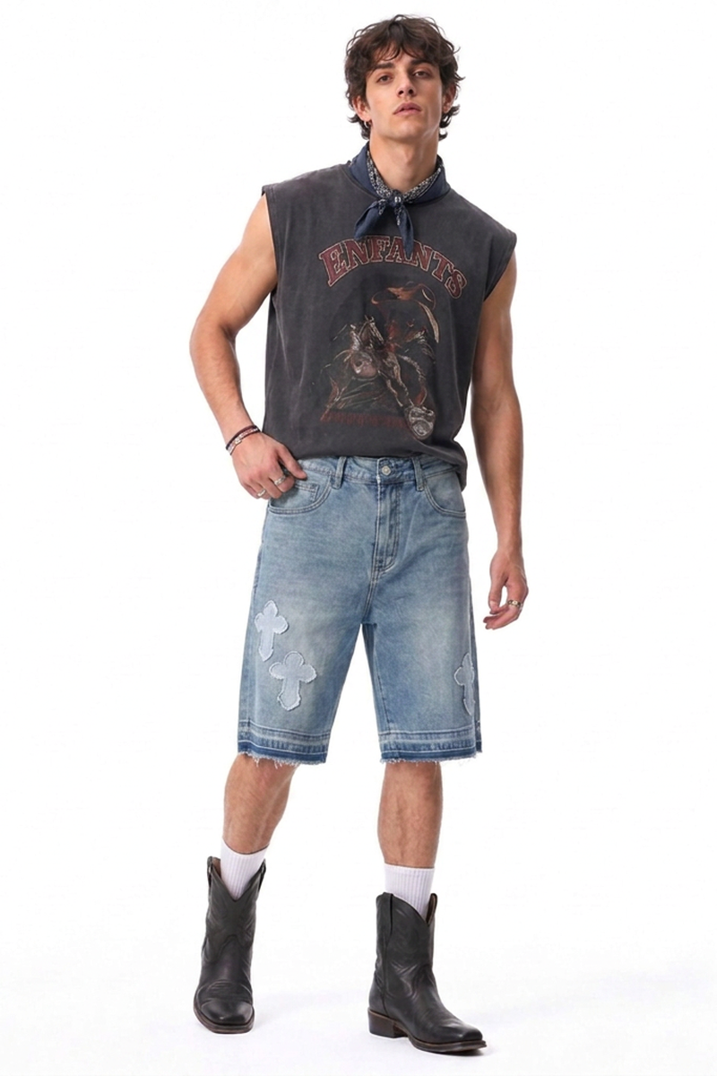 Men's Vintage Washed Cross Patch Straight Fit Denim Shorts