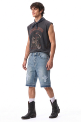 Men's Vintage Washed Cross Patch Straight Fit Denim Shorts