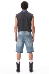 Men's Vintage Washed Cross Patch Straight Fit Denim Shorts