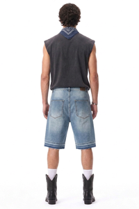 Men's Vintage Washed Cross Patch Straight Fit Denim Shorts