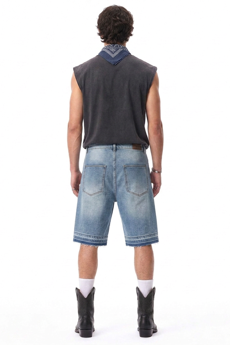 Men's Vintage Washed Cross Patch Straight Fit Denim Shorts