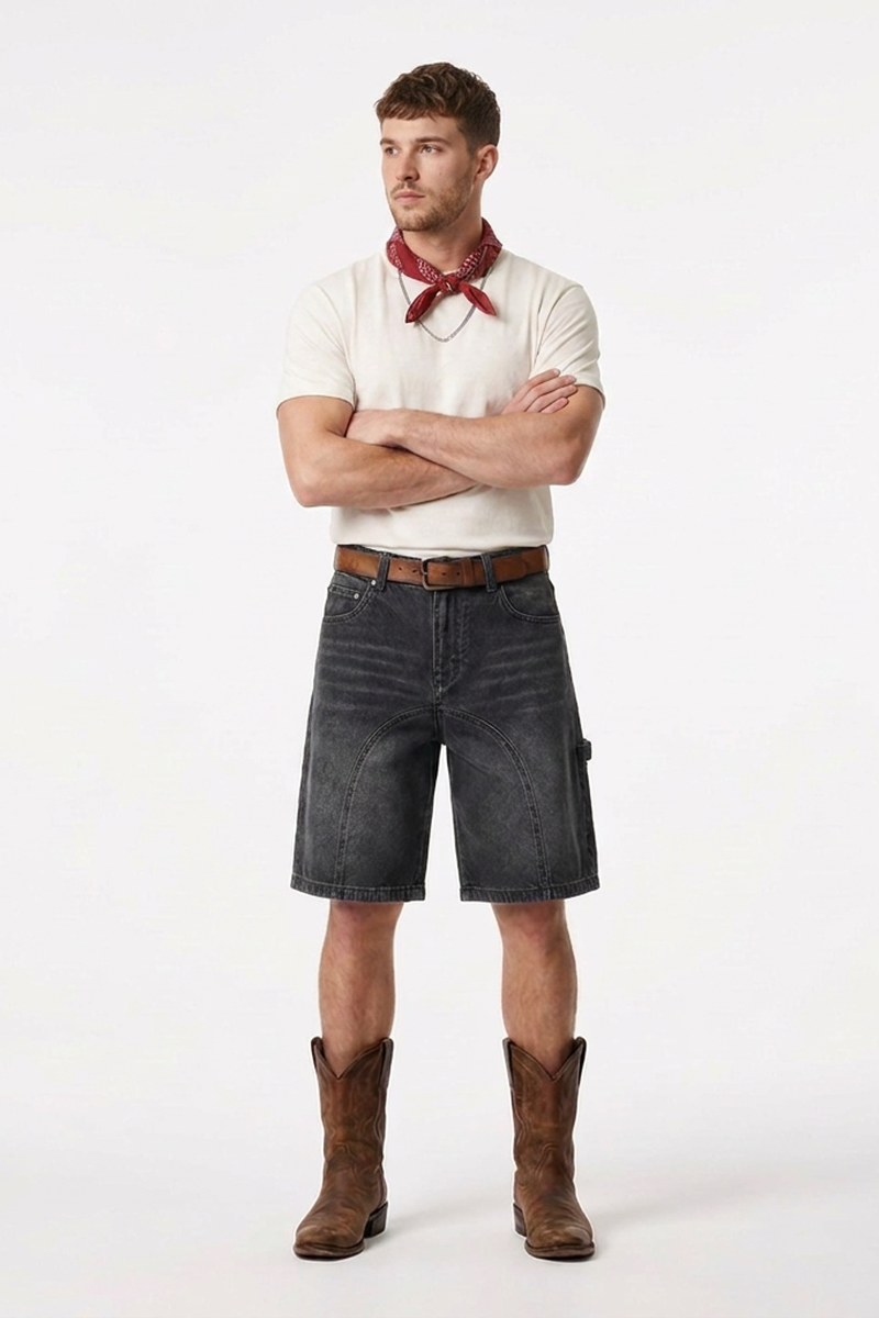 Men's Western Vintage Stretch Solid Denim Shorts