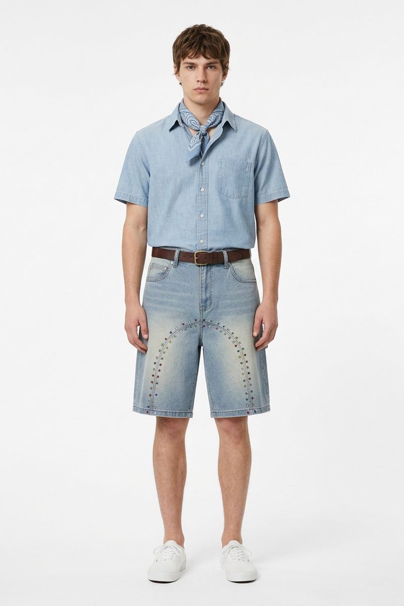 Men's Streetwear Colorful Stud Trim Stretch Denim Shorts