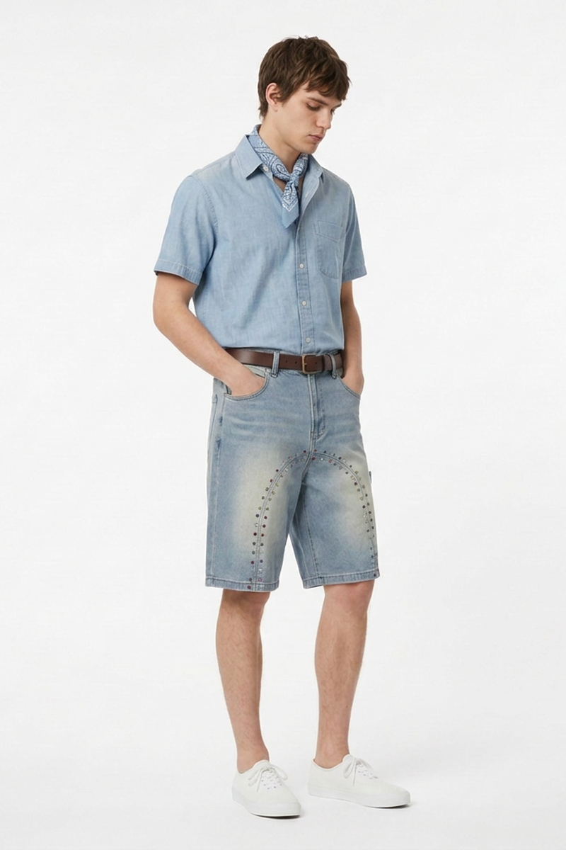 Men's Streetwear Colorful Stud Trim Stretch Denim Shorts