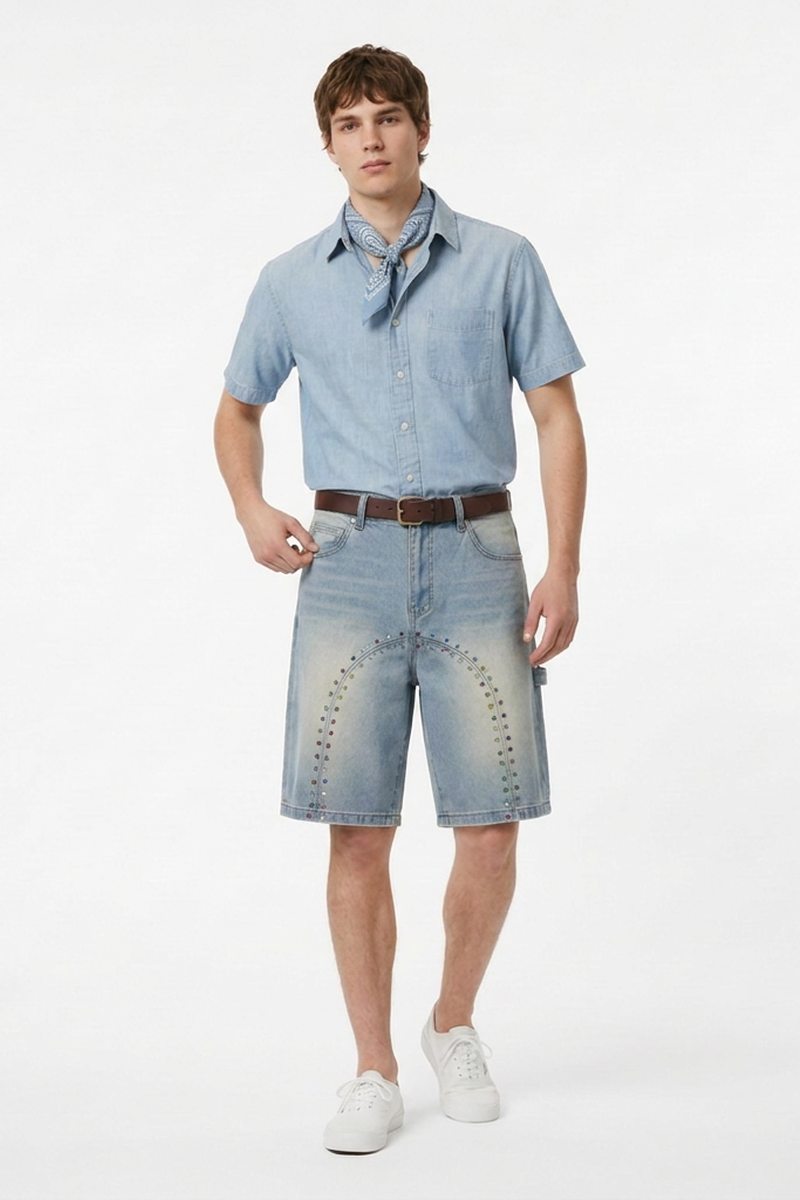 Men's Streetwear Colorful Stud Trim Stretch Denim Shorts