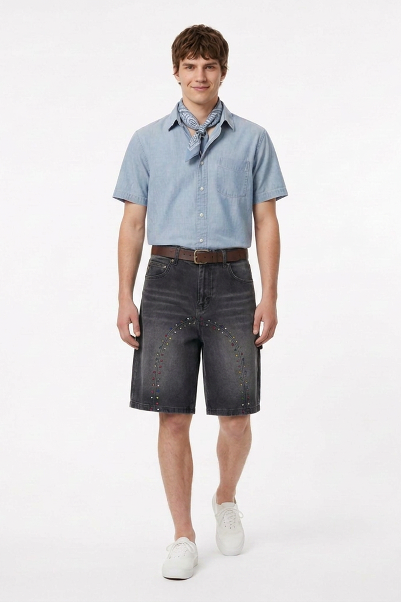 Men's Streetwear Colorful Stud Trim Stretch Denim Shorts