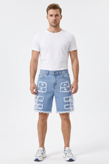 Men's Light Blue Frayed Hem Patchwork Denim Shorts
