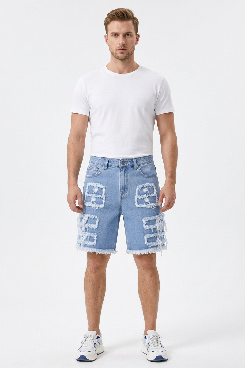 Men's Light Blue Frayed Hem Patchwork Denim Shorts